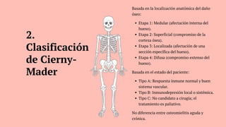 Basada en la localización anatómica del daño
óseo:
Etapa 1: Medular (afectación interna del
hueso).
Etapa 2: Superficial (compromiso de la
corteza ósea).
Etapa 3: Localizada (afectación de una
sección específica del hueso).
Etapa 4: Difusa (compromiso extenso del
hueso).
Basada en el estado del paciente:
Tipo A: Respuesta inmune normal y buen
sistema vascular.
Tipo B: Inmunodepresión local o sistémica.
Tipo C: No candidato a cirugía; el
tratamiento es paliativo.
No diferencia entre osteomielitis aguda y
crónica.
2.
Clasificación
de Cierny-
Mader
 