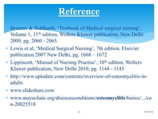 Brunner & Siddharth, ‘Textbook of Medical surgical nursing’,
Volume 1, 11th edition, Wolters Kluwer publication, New Delhi
2009, pg. 2060 - 2065.
 Lewis et al, ‘Medical Surgical Nursing’, 7th edition, Elsevier
publication 2007 New Delhi, pg. 1668 – 1672
 Lippincott, ‘Manual of Nursing Practise’, 10th edition, Wolters
Kluwer publication, New Delhi 2010, pg. 1144 - 1145
 http://www.uptodate.com/contents/overview-of-osteomyelitis-in-
adults
 www.slideshare.com
 www.mayoclinic.org/diseasesconditions/osteomyelitis/basics/.../co
n-20025518
Reference
5/30/201623
 