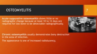 OSTEOMYELITIS
Acute suppurative osteomyelitis shows little or no
radiographic change because at least 10 to 12 days are
required for lost bone to be detectable radiographically.
Chronic osteomyelitis usually demonstrates bony destruction
in the area of infection.
The appearance is one of increased radiolucency,
7
 