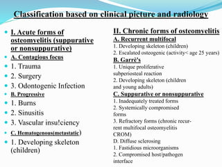  I. Acute forms of
osteomyelitis (suppurative
or nonsuppurative)
 A. Contagious focus
 1. Trauma
 2. Surgery
 3. Odontogenic Infection
 B. Progressive
 1. Burns
 2. Sinusitis
 3. Vascular insu!ciency
 C. Hematogenous(metastatic)
 1. Developing skeleton
(children)
II. Chronic forms of osteomyelitis
A. Recurrent multifocal
1. Developing skeleton (children)
2. Escalated osteogenic (activity< age 25 years)
B. Garrè's
1. Unique proliferative
subperiosteal reaction
2. Developing skeleton (children
and young adults)
C. Suppurative or nonsuppurative
1. Inadequately treated forms
2. Systemically compromised
forms
3. Refractory forms (chronic recur-
rent multifocal osteomyelitis
CROM)
D. Diffuse sclerosing
1. Fastidious microorganisms
2. Compromised host/pathogen
interface
Classification based on clinical picture and radiology
 