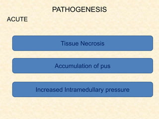 PATHOGENESIS
ACUTE
Tissue Necrosis
Accumulation of pus
Increased Intramedullary pressure
 