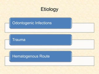 Etiology
Odontogenic Infections
Trauma
Hematogenous Route
 