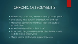 CHRONIC OSTEOMYELITIS
 Sequestrum, Involucrum, abscess or sinus (cloaca) is present
 Sinus usually has a purulent or seropurulent discharge
 May remain dormant for months or years with acute or
subacute flares.
 X-ray shows signs of bone destruction
 Tuberculosis, Fungal infection and Brodie’s abscess usually
leads to chronic osteomyelitis
 Muscle wasting contractures, atrophy may occur
 