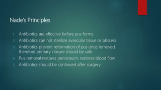 Nade’s Principles
1. Antibiotics are effective before pus forms.
2. Antibiotics can not sterilize avascular tissue or abscess
3. Antibiotics prevent reformation of pus once removed,
therefore primary closure should be safe
4. Pus removal restores periosteum, restores blood flow
5. Antibiotics should be continued after surgery
 