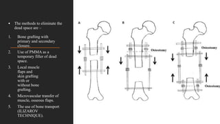 • The methods to eliminate the
dead space are –
1. Bone grafting with
primary and secondary
closure.
2. Use of PMMA as a
temporary filler of dead
space.
3. Local muscle
flaps and
skin grafting
with or
without bone
grafting.
4. Microvascular transfer of
muscle, osseous flaps.
5. The use of bone transport
(ILIZAROV
TECHNIQUE).
 