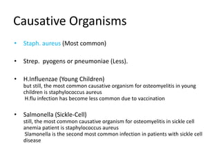 Causative Organisms
• Staph. aureus (Most common)
• Strep. pyogens or pneumoniae (Less).
• H.Influenzae (Young Children)
but still, the most common causative organism for osteomyelitis in young
children is staphylococcus aureus
H.flu infection has become less common due to vaccination
• Salmonella (Sickle-Cell)
still, the most common causative organism for osteomyelitis in sickle cell
anemia patient is staphylococcus aureus
Slamonella is the second most common infection in patients with sickle cell
disease
 
