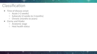 Classification
● Time of disease onset
○ Acute (<2 weeks)
○ Subacute (2 weeks to 3 months)
○ Chronic (months to years)
● Cierny and Mader
○ Anatomic stage
○ Host health status
 