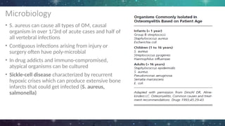 Microbiology
• S. aureus can cause all types of OM, causal
organism in over 1/3rd of acute cases and half of
all vertebral infections
• Contiguous infections arising from injury or
surgery often have poly-microbial
• In drug addicts and immuno-compromised,
atypical organisms can be cultured
• Sickle-cell disease characterized by recurrent
hypoxic crises which can produce extensive bone
infarcts that could get infected (S. aureus,
salmonella)
 