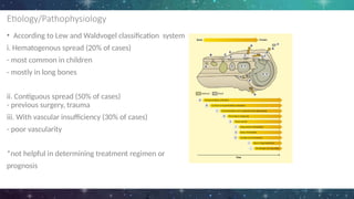 Etiology/Pathophysiology
• According to Lew and Waldvogel classification system
i. Hematogenous spread (20% of cases)
- most common in children
- mostly in long bones
ii. Contiguous spread (50% of cases)
- previous surgery, trauma
iii. With vascular insufficiency (30% of cases)
- poor vascularity
*not helpful in determining treatment regimen or
prognosis
 