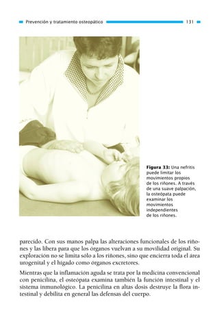 parecido. Con sus manos palpa las alteraciones funcionales de los riño-
nes y las libera para que los órganos vuelvan a su movilidad original. Su
exploración no se limita sólo a los riñones, sino que encierra toda el área
urogenital y el hígado como órganos excretores.
Mientras que la inflamación aguda se trata por la medicina convencional
con penicilina, el osteópata examina también la función intestinal y el
sistema inmunológico. La penicilina en altas dosis destruye la flora in-
testinal y debilita en general las defensas del cuerpo.
Prevención y tratamiento osteopático 131
Figura 33: Una nefritis
puede limitar los
movimientos propios
de los riñones. A través
de una suave palpación,
la osteópata puede
examinar los
movimientos
independientes
de los riñones.
01 Osteopatía pp. 001-169 26/5/03 11:12 Página 131
 