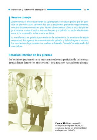Nuestro consejo
¡Examinemos el efecto que tienen las aponeurosis en nuestro propio pie! En posi-
ción de pie y descalzo, cerremos los ojos y respiremos profunda y regularmente,
concentrándonos en nuestros pies. Pronto observaremos cómo el arco del pie ba-
ja al inspirar y sube al espirar. Aunque los pies y el pulmón no estén relacionados
entre sí, la respiración se hace notar en éstos.
La transferencia se produce por medio de la aponeurosis (la envoltura del tejido
conjuntivo). Recogemos los movimientos del pulmón y del diafragma al respirar,
los transferimos bajo tensión y se vuelven a distender, “tirando” de este modo del
arco del pie.
Rotación interior de las piernas
En los niños pequeños se ve muy a menudo una posición de las piernas
giradas hacia dentro (en antetorsión). Esta rotación hacia dentro desapa-
Prevención y tratamiento osteopático 145
Figura 37: Una exploración
osteopática empieza de pie. La
osteópata busca las anormalidades
en la postura del niño.
01 Osteopatía pp. 001-169 26/5/03 11:12 Página 145
 