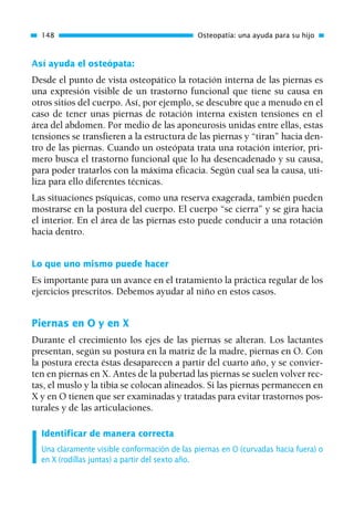 Así ayuda el osteópata:
Desde el punto de vista osteopático la rotación interna de las piernas es
una expresión visible de un trastorno funcional que tiene su causa en
otros sitios del cuerpo. Así, por ejemplo, se descubre que a menudo en el
caso de tener unas piernas de rotación interna existen tensiones en el
área del abdomen. Por medio de las aponeurosis unidas entre ellas, estas
tensiones se transfieren a la estructura de las piernas y “tiran” hacia den-
tro de las piernas. Cuando un osteópata trata una rotación interior, pri-
mero busca el trastorno funcional que lo ha desencadenado y su causa,
para poder tratarlos con la máxima eficacia. Según cual sea la causa, uti-
liza para ello diferentes técnicas.
Las situaciones psíquicas, como una reserva exagerada, también pueden
mostrarse en la postura del cuerpo. El cuerpo “se cierra” y se gira hacia
el interior. En el área de las piernas esto puede conducir a una rotación
hacia dentro.
Lo que uno mismo puede hacer
Es importante para un avance en el tratamiento la práctica regular de los
ejercicios prescritos. Debemos ayudar al niño en estos casos.
Piernas en O y en X
Durante el crecimiento los ejes de las piernas se alteran. Los lactantes
presentan, según su postura en la matriz de la madre, piernas en O. Con
la postura erecta éstas desaparecen a partir del cuarto año, y se convier-
ten en piernas en X. Antes de la pubertad las piernas se suelen volver rec-
tas, el muslo y la tibia se colocan alineados. Si las piernas permanecen en
X y en O tienen que ser examinadas y tratadas para evitar trastornos pos-
turales y de las articulaciones.
Identificar de manera correcta
Una claramente visible conformación de las piernas en O (curvadas hacia fuera) o
en X (rodillas juntas) a partir del sexto año.
148 Osteopatía: una ayuda para su hijo
01 Osteopatía pp. 001-169 26/5/03 11:12 Página 148
 