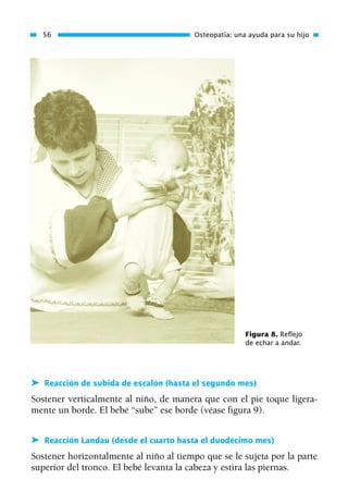 ➤ Reacción de subida de escalón (hasta el segundo mes)
Sostener verticalmente al niño, de manera que con el pie toque ligera-
mente un borde. El bebé “sube” ese borde (véase figura 9).
➤ Reacción Landau (desde el cuarto hasta el duodécimo mes)
Sostener horizontalmente al niño al tiempo que se le sujeta por la parte
superior del tronco. El bebé levanta la cabeza y estira las piernas.
56 Osteopatía: una ayuda para su hijo
Figura 8. Reflejo
de echar a andar.
01 Osteopatía pp. 001-169 26/5/03 11:12 Página 56
 