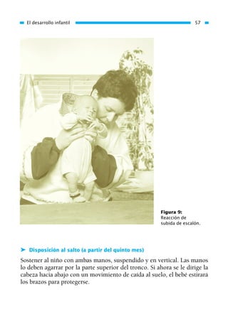 ➤ Disposición al salto (a partir del quinto mes)
Sostener al niño con ambas manos, suspendido y en vertical. Las manos
lo deben agarrar por la parte superior del tronco. Si ahora se le dirige la
cabeza hacia abajo con un movimiento de caída al suelo, el bebé estirará
los brazos para protegerse.
El desarrollo infantil 57
Figura 9:
Reacción de
subida de escalón.
01 Osteopatía pp. 001-169 26/5/03 11:12 Página 57
 