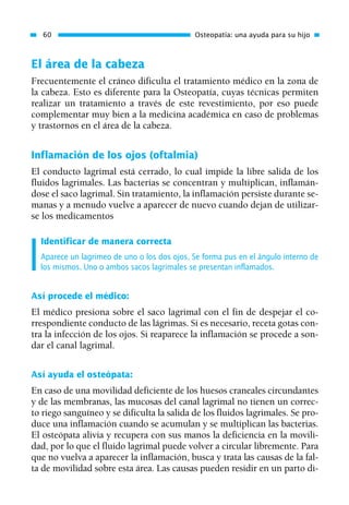 El área de la cabeza
Frecuentemente el cráneo dificulta el tratamiento médico en la zona de
la cabeza. Esto es diferente para la Osteopatía, cuyas técnicas permiten
realizar un tratamiento a través de este revestimiento, por eso puede
complementar muy bien a la medicina académica en caso de problemas
y trastornos en el área de la cabeza.
Inflamación de los ojos (oftalmia)
El conducto lagrimal está cerrado, lo cual impide la libre salida de los
fluidos lagrimales. Las bacterias se concentran y multiplican, inflamán-
dose el saco lagrimal. Sin tratamiento, la inflamación persiste durante se-
manas y a menudo vuelve a aparecer de nuevo cuando dejan de utilizar-
se los medicamentos
Identificar de manera correcta
Aparece un lagrimeo de uno o los dos ojos. Se forma pus en el ángulo interno de
los mismos. Uno o ambos sacos lagrimales se presentan inflamados.
Así procede el médico:
El médico presiona sobre el saco lagrimal con el fin de despejar el co-
rrespondiente conducto de las lágrimas. Si es necesario, receta gotas con-
tra la infección de los ojos. Si reaparece la inflamación se procede a son-
dar el canal lagrimal.
Así ayuda el osteópata:
En caso de una movilidad deficiente de los huesos craneales circundantes
y de las membranas, las mucosas del canal lagrimal no tienen un correc-
to riego sanguíneo y se dificulta la salida de los fluidos lagrimales. Se pro-
duce una inflamación cuando se acumulan y se multiplican las bacterias.
El osteópata alivia y recupera con sus manos la deficiencia en la movili-
dad, por lo que el fluido lagrimal puede volver a circular libremente. Para
que no vuelva a aparecer la inflamación, busca y trata las causas de la fal-
ta de movilidad sobre esta área. Las causas pueden residir en un parto di-
60 Osteopatía: una ayuda para su hijo
01 Osteopatía pp. 001-169 26/5/03 11:12 Página 60
 