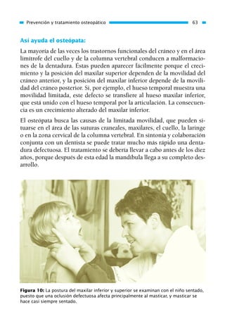 Así ayuda el osteópata:
La mayoría de las veces los trastornos funcionales del cráneo y en el área
limítrofe del cuello y de la columna vertebral conducen a malformacio-
nes de la dentadura. Éstas pueden aparecer fácilmente porque el creci-
miento y la posición del maxilar superior dependen de la movilidad del
cráneo anterior, y la posición del maxilar inferior depende de la movili-
dad del cráneo posterior. Si, por ejemplo, el hueso temporal muestra una
movilidad limitada, este defecto se transfiere al hueso maxilar inferior,
que está unido con el hueso temporal por la articulación. La consecuen-
cia es un crecimiento alterado del maxilar inferior.
El osteópata busca las causas de la limitada movilidad, que pueden si-
tuarse en el área de las suturas craneales, maxilares, el cuello, la laringe
o en la zona cervical de la columna vertebral. En sintonía y colaboración
conjunta con un dentista se puede tratar mucho más rápido una denta-
dura defectuosa. El tratamiento se debería llevar a cabo antes de los diez
años, porque después de esta edad la mandíbula llega a su completo des-
arrollo.
Prevención y tratamiento osteopático 63
Figura 10: La postura del maxilar inferior y superior se examinan con el niño sentado,
puesto que una oclusión defectuosa afecta principalmente al masticar, y masticar se
hace casi siempre sentado.
01 Osteopatía pp. 001-169 26/5/03 11:12 Página 63
 