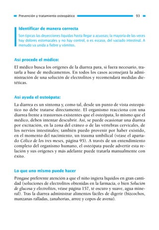 Identificar de manera correcta
Son típicas las deyecciones líquidas hasta llegar a acuosas; la mayoría de las veces
hay dolores estomacales y no hay control, o es escaso, del vaciado intestinal. A
menudo va unida a fiebre y vómitos.
Así procede el médico:
El médico busca los orígenes de la diarrea para, si fuera necesario, tra-
tarla a base de medicamentos. En todos los casos aconsejará la admi-
nistración de una solución de electrolitos y recomendará medidas die-
téticas.
Así ayuda el osteópata:
La diarrea es un síntoma y, como tal, desde un punto de vista osteopá-
tico no debe tratarse directamente. El organismo reacciona con una
diarrea frente a trastornos existentes que el osteópata, lo mismo que el
médico, deben intentar descubrir. Así, se puede ocasionar una diarrea
por excitación, en la zona del cráneo o de las vértebras cervicales, de
los nervios intestinales; también puedo provenir por haber existido,
en el momento del nacimiento, un trauma umbilical (véase el aparta-
do Cólico de los tres meses, página 95). A través de un entendimiento
completo del organismo humano, el osteópata puede advertir esta re-
lación y sus orígenes y más adelante puede tratarla manualmente con
éxito.
Lo que uno mismo puede hacer
Póngase preferente atención a que el niño ingiera líquidos en gran canti-
dad (soluciones de electrolitos obtenidas en la farmacia, o bien Solución
de glucosa y electrolitos, véase página 157, té oscuro y suave, agua mine-
ral). Tras la diarrea administrar alimentos fáciles de digerir (bizcochos,
manzanas ralladas, zanahorias, arroz y copos de avena).
Prevención y tratamiento osteopático 93
01 Osteopatía pp. 001-169 26/5/03 11:12 Página 93
 