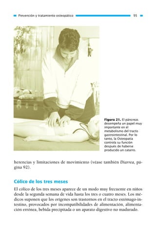 herencias y limitaciones de movimiento (véase también Diarrea, pá-
gina 92).
Cólico de los tres meses
El cólico de los tres meses aparece de un modo muy frecuente en niños
desde la segunda semana de vida hasta los tres o cuatro meses. Los mé-
dicos suponen que los orígenes son trastornos en el tracto estómago-in-
testino, provocados por incompatibilidades de alimentación, alimenta-
ción errónea, bebida precipitada o un aparato digestivo no madurado.
Prevención y tratamiento osteopático 95
Figura 21. El páncreas
desempeña un papel muy
importante en el
metabolismo del tracto
gastrointestinal. Por lo
tanto, la Osteopatía
controla su función
después de haberse
producido un catarro.
01 Osteopatía pp. 001-169 26/5/03 11:12 Página 95
 