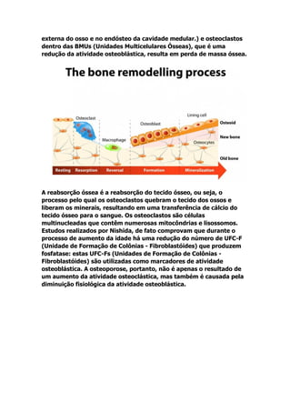 externa do osso e no endósteo da cavidade medular.) e osteoclastos
dentro das BMUs (Unidades Multicelulares Ósseas), que é uma
redução da atividade osteoblástica, resulta em perda de massa óssea.
A reabsorção óssea é a reabsorção do tecido ósseo, ou seja, o
processo pelo qual os osteoclastos quebram o tecido dos ossos e
liberam os minerais, resultando em uma transferência de cálcio do
tecido ósseo para o sangue. Os osteoclastos são células
multinucleadas que contêm numerosas mitocôndrias e lisossomos.
Estudos realizados por Nishida, de fato comprovam que durante o
processo de aumento da idade há uma redução do número de UFC-F
(Unidade de Formação de Colônias - Fibroblastóides) que produzem
fosfatase: estas UFC-Fs (Unidades de Formação de Colônias -
Fibroblastóides) são utilizadas como marcadores de atividade
osteoblástica. A osteoporose, portanto, não é apenas o resultado de
um aumento da atividade osteoclástica, mas também é causada pela
diminuição fisiológica da atividade osteoblástica.
 