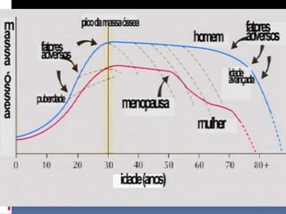  Fatores de risco Maiores          - Sexo feminino- Fratura prévia- Raça asiática ou caucásica- Idade maior que 65 anos em ambos os sexos- História materna de fratura ou osteoporose- Menopausa precoce (antes dos 40 anos)- Tratamento crônico com corticóide e anticonvulsivanteMenores