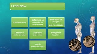 2.ETIOLOGIA
Envelhecimento
Deficiência na
obtenção de
massa óssea
Deficiência de
estrogênio
(pós-menopausa)
Deficiência
crônica de cálcio
Alterações
endócrinas
tabagismo e
alcoolismo
Uso de
glicocorticoides
 
