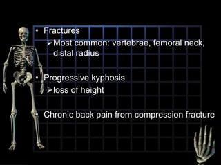 The rate of bone resorption increases over the rate of bone formationloss of bone massCalcium and phosphate salts are lostporous, brittle bonesOccurs most commonly in postmenopausal women