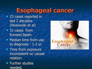 Esophageal cancer  23 cases reported in last 2 decades. (Wysowski et al) 31 cases  from Europe/Japan. Median time from use to diagnosis : 1-2 yr. Time from exposure inconsistent w/ causal relation. Further studies needed. 