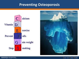 Preventing Osteoporosis
alciumalciumCC
DDVitaminVitamin
xercisexerciseEE
FFPreventPrevent allsalls
ain weightain weightGG
StopStop mokingmokingSS
 