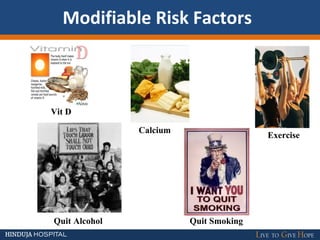 Modifiable Risk Factors
Vit D
Calcium
Exercise
Quit Alcohol Quit Smoking
 