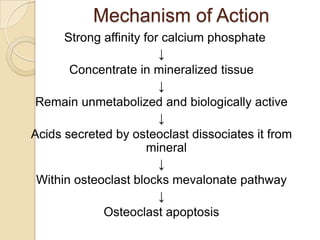 Mechanism of Action
Strong affinity for calcium phosphate
↓
Concentrate in mineralized tissue
↓
Remain unmetabolized and biologically active
↓
Acids secreted by osteoclast dissociates it from
mineral
↓
Within osteoclast blocks mevalonate pathway
↓
Osteoclast apoptosis

 