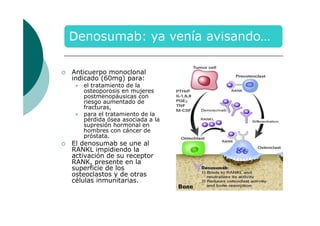 Anticuerpo monoclonal
indicado (60mg) para:
el tratamiento de la
osteoporosis en mujeres
postmenopáusicas con
riesgo aumentado de
fracturas,
para el tratamiento de la
pérdida ósea asociada a la
supresión hormonal en
hombres con cáncer de
próstata.

El denosumab se une al
RANKL impidiendo la
activación de su receptor
RANK, presente en la
superficie de los
osteoclastos y de otras
células inmunitarias.

 