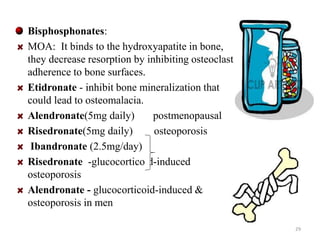 Bisphosphonates: 
MOA: It binds to the hydroxyapatite in bone, 
they decrease resorption by inhibiting osteoclast 
adherence to bone surfaces. 
Etidronate - inhibit bone mineralization that 
could lead to osteomalacia. 
Alendronate(5mg daily) postmenopausal 
Risedronate(5mg daily) osteoporosis 
Ibandronate (2.5mg/day) 
Risedronate -glucocorticoid-induced 
osteoporosis 
Alendronate - glucocorticoid-induced & 
osteoporosis in men 
29 
 
