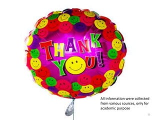 All information were collected 
from various sources, only for 
academic purpose 
51 
