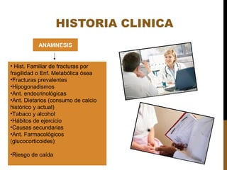 HISTORIA CLINICA
ANAMNESIS
• Hist. Familiar de fracturas por
fragilidad o Enf. Metabólica ósea
•Fracturas prevalentes
•Hipogonadismos
•Ant. endocrinológicas
•Ant. Dietarios (consumo de calcio
histórico y actual)
•Tabaco y alcohol
•Hábitos de ejercicio
•Causas secundarias
•Ant. Farmacológicos
(glucocorticoides)
•Riesgo de caída
 