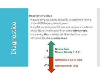 Densitometría Ósea
>2 DSTD por debajo de la población de referencia normal
indica BMD baja en persona joven.
≥ 2.5 SD por debajo del VR para una persona a la edad de
masa ósea máxima se clasifican como osteoporosis.
–1.0 a –2.5 SD por debajo del VR se clasifican como
densidad ósea baja u osteopenia.
Diagnóstico
 