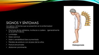 SIGNOS Y SÍNTOMAS
Los signos y síntomas que se presentan en la enfermedad
avanzada son:
• Fracturas de las vértebras, muñecas o cadera (generalmente
es el primer indicio)
• Lumbalgia
• Dolor cervical
• Dolor o sensibilidad ósea aumentada
• Pérdida de estatura con el paso de los años
• Postura encorvada
• Abdomen prominente
 