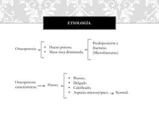 ETIOLOGÍA.
Osteoporosis. • Hueso poroso.
• Masa ósea disminuida.
Predisposición a
fracturas.
(Microfracturas.)
Osteoporosis
características.
Hueso.
• Poroso.
• Delgado
• Calcificado.
• Aspecto microscópico. Normal.
 