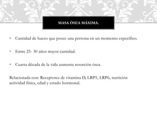 • Cantidad de hueso que posee una persona en un momento específico.
• Entre 25- 30 años mayor cantidad.
• Cuarta década de la vida aumenta resorción ósea.
Relacionada con: Receptores de vitamina D, LRP5, LRP6, nutrición
actividad física, edad y estado hormonal.
MASA ÓSEA MÁXIMA.
 