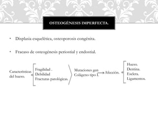 • Displasia esquelética, osteoporosis congénita.
• Fracaso de osteogénesis periostial y endostial.
OSTEOGÉNESIS IMPERFECTA.
Características
del hueso.
Fragilidad .
Debilidad
Fracturas patológicas.
Mutaciones gen
Colágeno tipo I.
Afección.
Hueso.
Dentina.
Esclera.
Ligamentos.
 