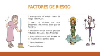 * menopausia: el mayor factor de
riesgo en la mujer.
* sexo: las mujeres son mas
propensas a la perdida ósea que los
hombres.
* extracción de los ovarios: provoca
reducción de niveles de estrógenos.
* edad: desde los 6 años el 90% de
las mujeres tiene perdida ósea.
* anorexia nerviosa.
* hipertiroidismo.
 