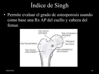 Índice de Singh
• Permite evaluar el grado de osteoporosis usando
como base una Rx AP del cuello y cabeza del
femur.
29/01/2016 28
 