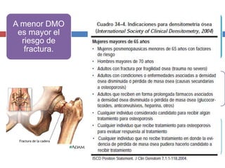 A menor DMO
es mayor el
riesgo de
fractura.
Todas las regiones tienen valor
predictivo sobre las fracturas en
áreas del esqueleto:
La columna es útil en
predecir fracturas
vertebrales.
Cuello femoral o fémur
total tiene capacidad para
predecir fractura de
cadera.
 