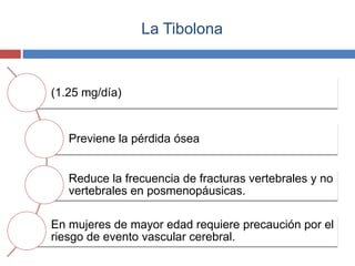 La Tibolona
(1.25 mg/día)
Previene la pérdida ósea
Reduce la frecuencia de fracturas vertebrales y no
vertebrales en posmenopáusicas.
En mujeres de mayor edad requiere precaución por el
riesgo de evento vascular cerebral.
 