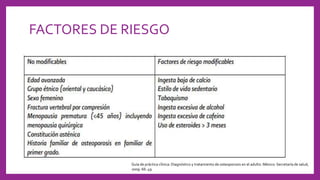 FACTORES DE RIESGO
Guía de práctica clínica: Diagnóstico y tratamiento de osteoporosis en el adulto. México: Secretaría de salud,
2009. 66: 49
 