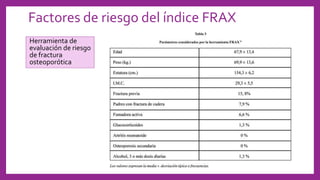 Factores de riesgo del índice FRAX
Herramienta de
evaluación de riesgo
de fractura
osteoporótica
 