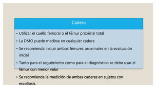 Cadera
• Utilizar el cuello femoral o el fémur proximal total
• La DMO puede medirse en cualquier cadera
• Se recomienda incluir ambos fémures proximales en la evaluación
inicial
• Tanto para el seguimiento como para el diagnóstico se debe usar el
fémur con menor valor
• Se recomienda la medición de ambas caderas en sujetos con
escoliosis.
 