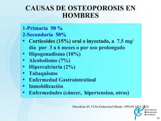 CAUSAS DE OSTEOPOROSIS EN HOMBRES 1-Primaria  50 % 2-Secundaria  50% Corticoides (15%) oral o inyectado, a   7.5 mg/ día  por  3 a 6 meses o por uso prolongado Hipogonadismo (10%) Alcoholismo (7%) Hipercalciuria (2%) Tabaquismo Enfermedad Gastrointestinal Inmobilización Enfermedades (cáncer,  hipertension, otros) Bilezikian JP, J Clin Endocrinol Metab, 1999;84:3431-3434 