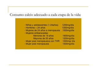 Consumo calcio adecuado a cada etapa de la vida:

         - Niños y adolescentes (1-24años) 1200mg/día
         - Hombres + 24 años               1000mg/día
         - Mujeres de 24 años a menopausia 1000mg/día
         - Mujeres embarazadas:
                  Menores de 19 años       1600mg/día
                  Mayores de 20 años       1200mg/día
         - Mujer post menopáusica con THR 1000mg/ día
         - Mujer post menopausia           1500mg/día
 