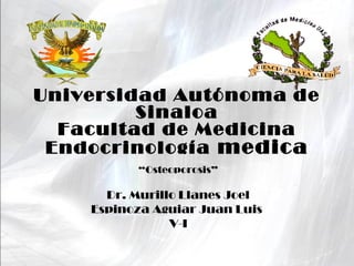 Universidad Autónoma de
         Sinaloa
  Facultad de Medicina
 Endocrinología medica
          “Osteoporosis”

      Dr. Murillo Llanes Joel
    Espinoza Aguiar Juan Luis
                V-I
 
