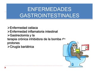 Deficiencia de GHEXCESO DE GLUCOCORTICOIDESSe puede deber al exceso de glucocorticoides endógeno o la sobreexpresión de la administración sistémica de glucocorticoides. Perjudica la salud del esqueleto a través  la inhibición de la formación de los huesos debido a la inducción de la apoptosis de los osteoblastos y osteocitos es el más crítico. La pérdida ósea  espinal y  fracturas vertebrales predominante son rasgos característicos.